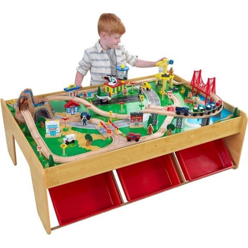 KidKraft Waterfall Mountain Wooden Train Set & Table with 120 Pieces,